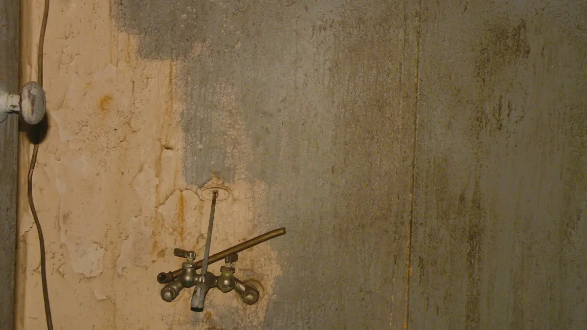 An old tap on a stained plaster wall with a drain below - Leak Detection in Blandford